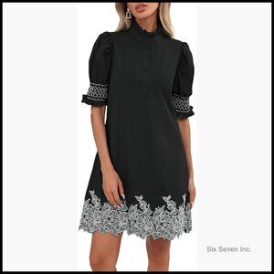 Women's Summer Embroidered Mini Dress Short Puff Sleeve Ruffle Collar Button